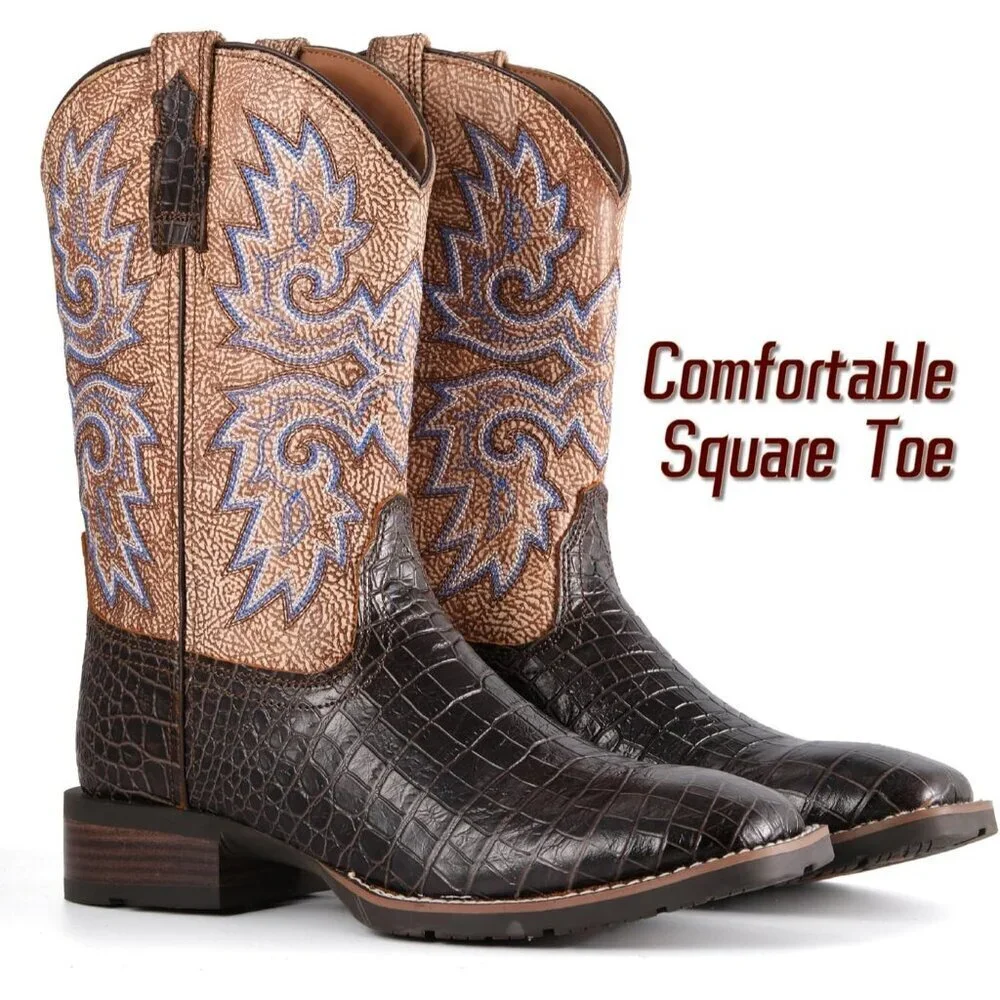 Men Chocolate Caiman Belly Leather Cowboy Bold Crocodile Texture Square Toe Boot